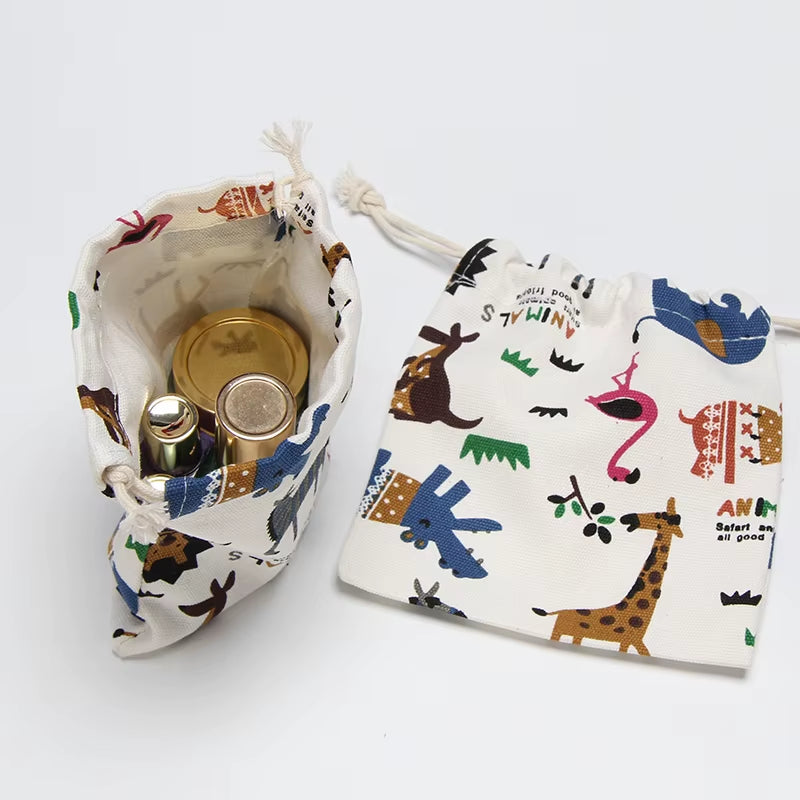Drawstring Cartoon Animals Printed Storage Bags Organizer Cotton Linen Jewelry Cosmetic Pouchbaby Clothing Kids Toys Candy Bags