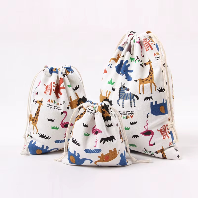 Drawstring Cartoon Animals Printed Storage Bags Organizer Cotton Linen Jewelry Cosmetic Pouchbaby Clothing Kids Toys Candy Bags